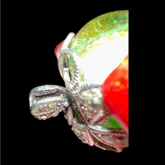 Green Dychroic Glass Heart Pendant with Silver Leaf Detail 22” Sterling Chain